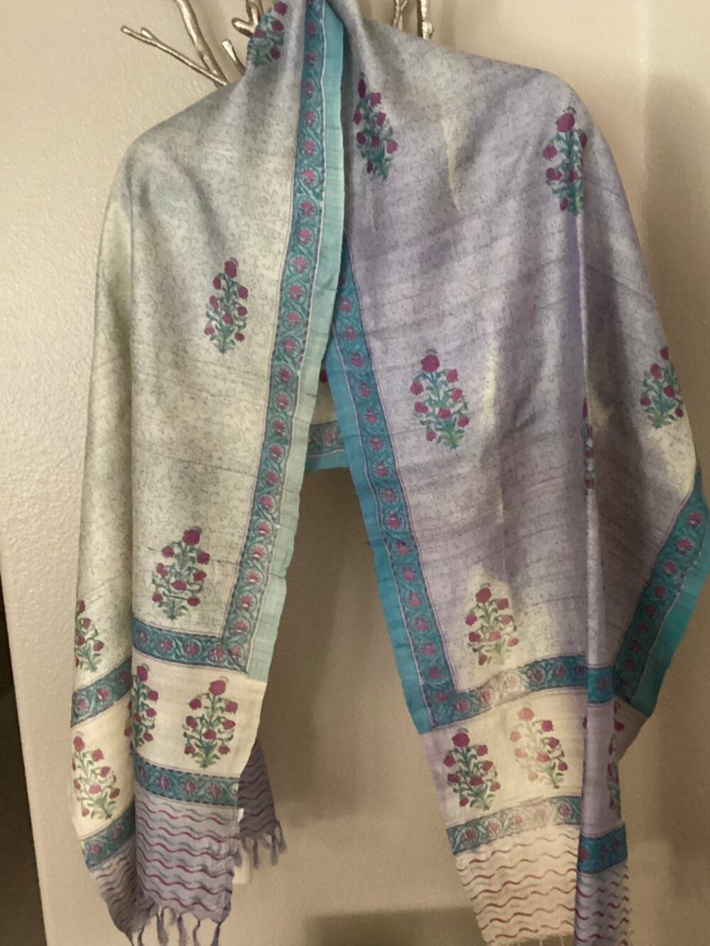 Blue, Pink and White Flowered Silk Shawl, Scarf, 78" x 22"